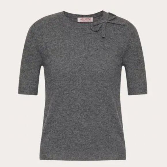 Valentino Garavani Short Sleeve Knit Sweater with Bow Detail - Picture 1 of 7